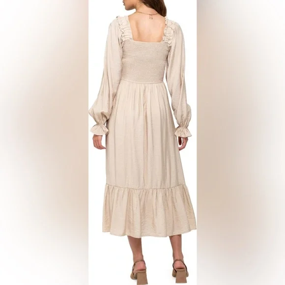 August Sky Tan/Cream Smocked Long Sleeve Maxi Dress NWOT - Picture 4 of 5
